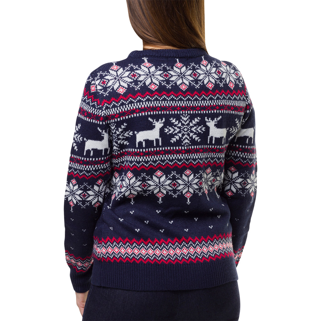Maglione natalizio blu da donna con ricamo fiocchi di neve e renne