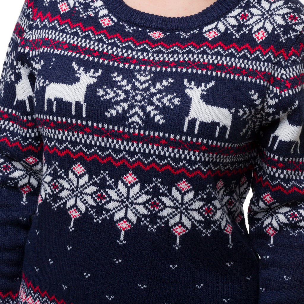 Maglione natalizio blu da donna con ricamo fiocchi di neve e renne