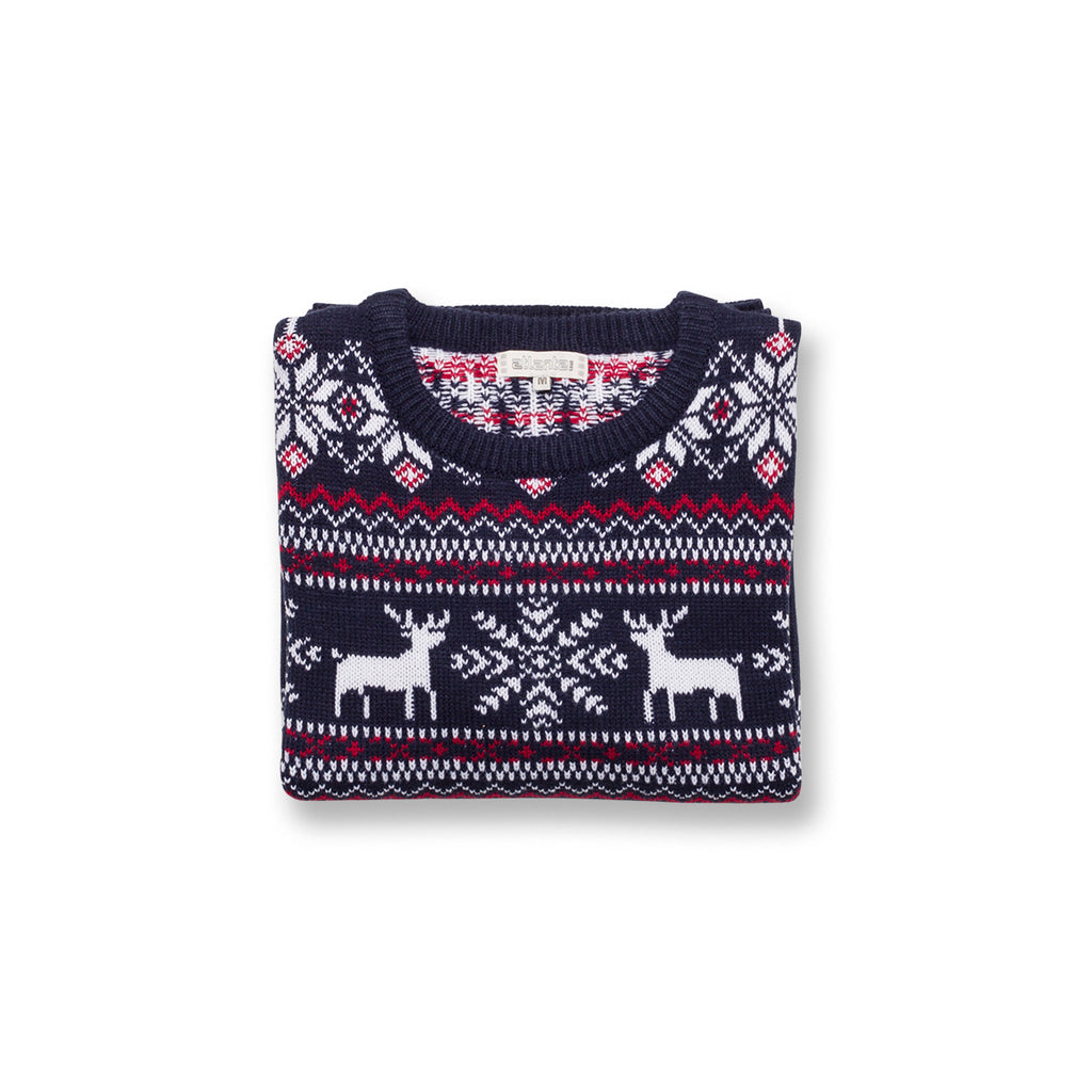 Maglione natalizio blu da donna con ricamo fiocchi di neve e renne