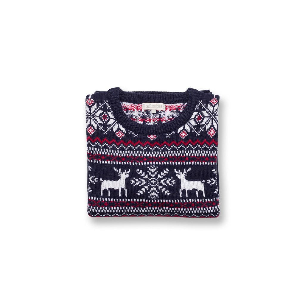 Maglione natalizio blu da bambino con ricamo fiocchi di neve e renne