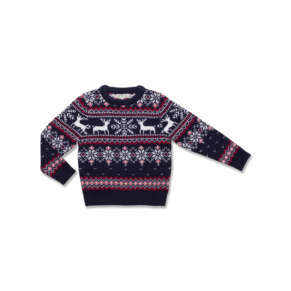 Maglione natalizio blu da bambino con ricamo fiocchi di neve e renne