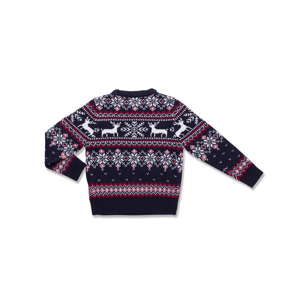 Maglione natalizio blu da bambino con ricamo fiocchi di neve e renne