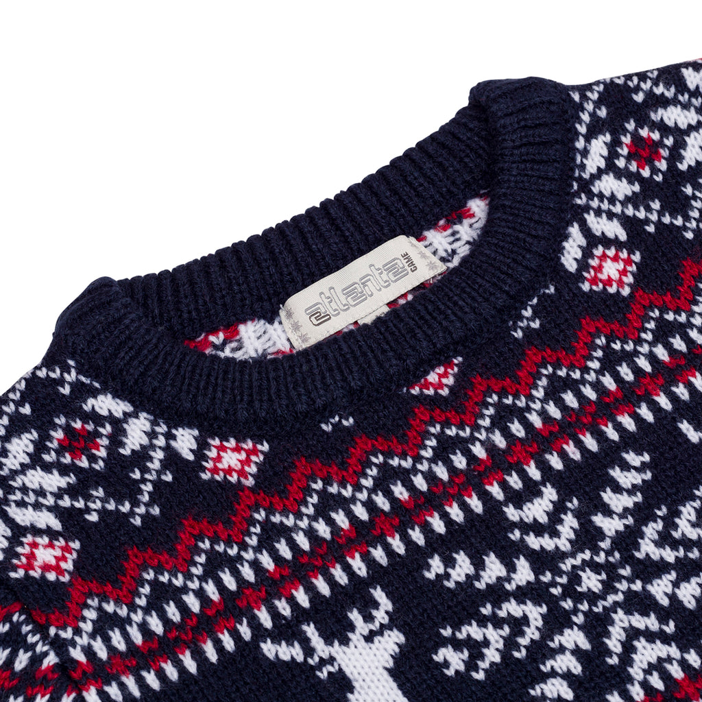 Maglione natalizio blu da bambino con ricamo fiocchi di neve e renne