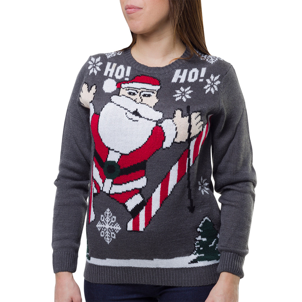 Maglione natalizio da donna grigio con ricamo Babbo Natale