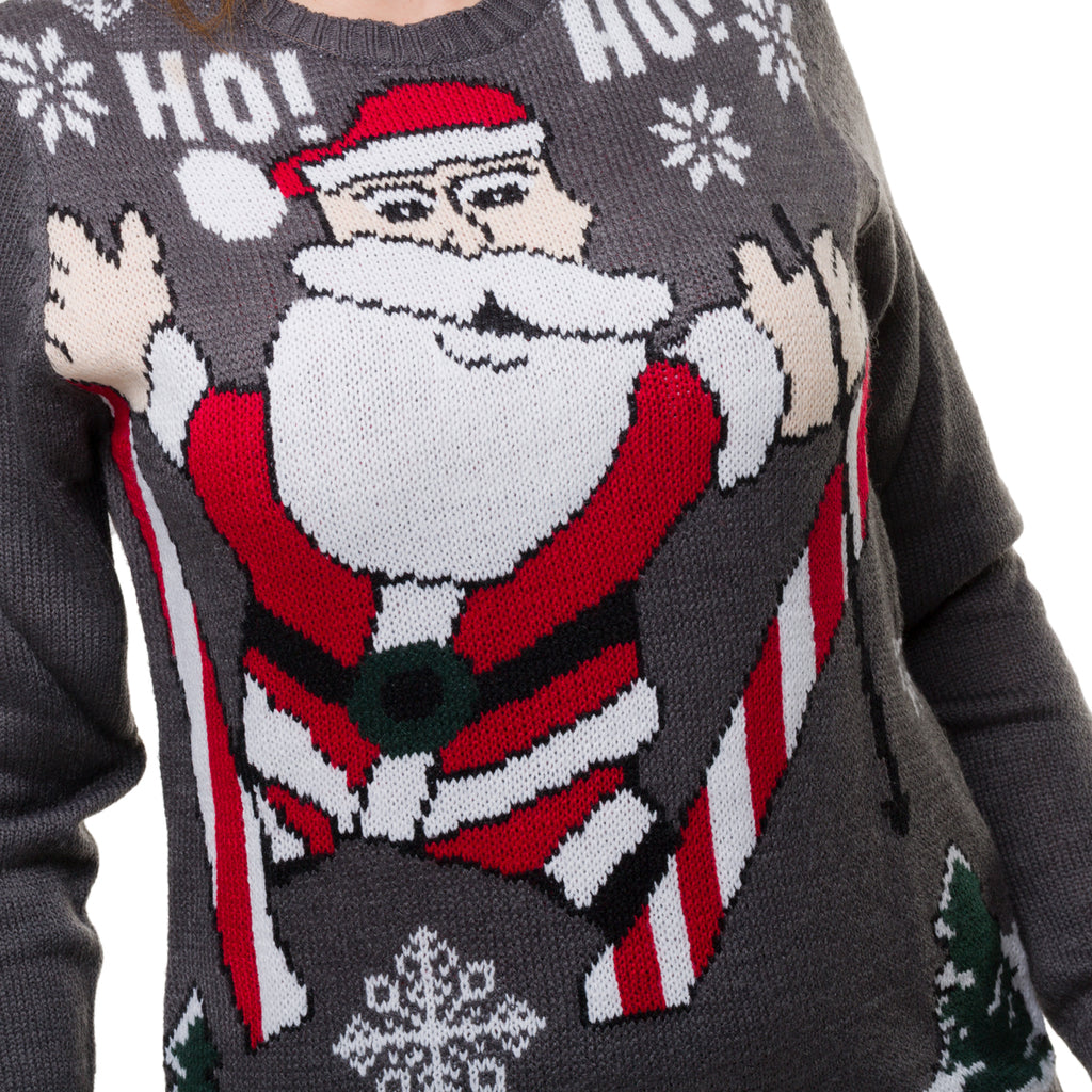 Maglione natalizio da donna grigio con ricamo Babbo Natale