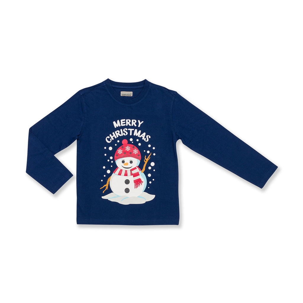 Pigiama natalizio blu da bambino con pupazzo di neve