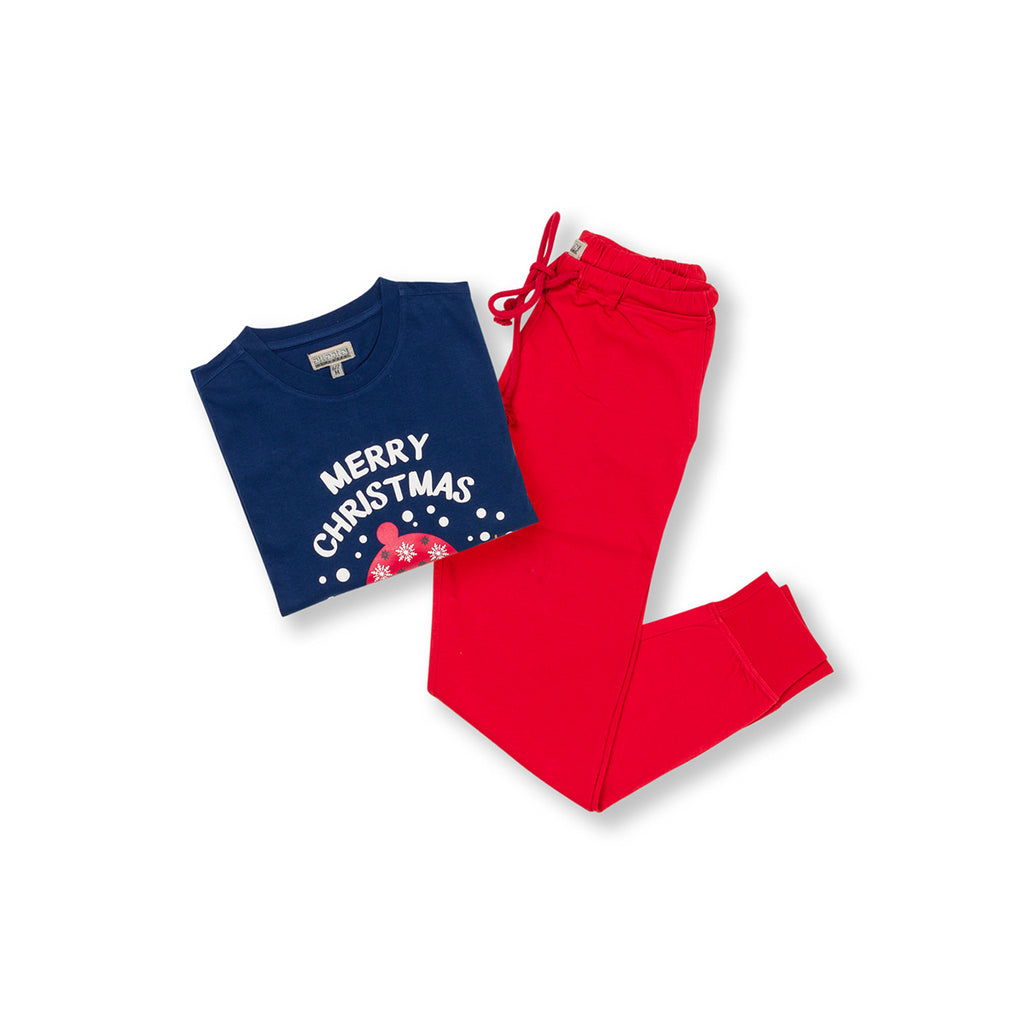 Pigiama natalizio blu da bambino con pupazzo di neve