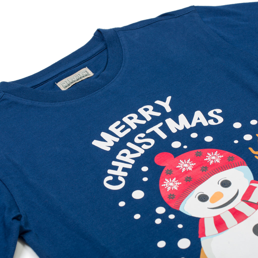 Pigiama natalizio blu da bambino con pupazzo di neve