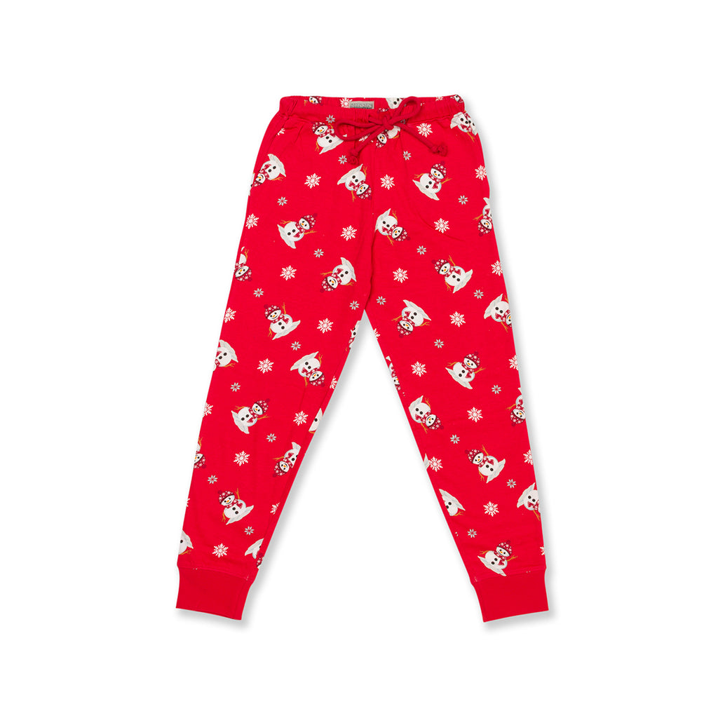 Pigiama natalizio blu da donna con pupazzo di neve e pantaloni rossi