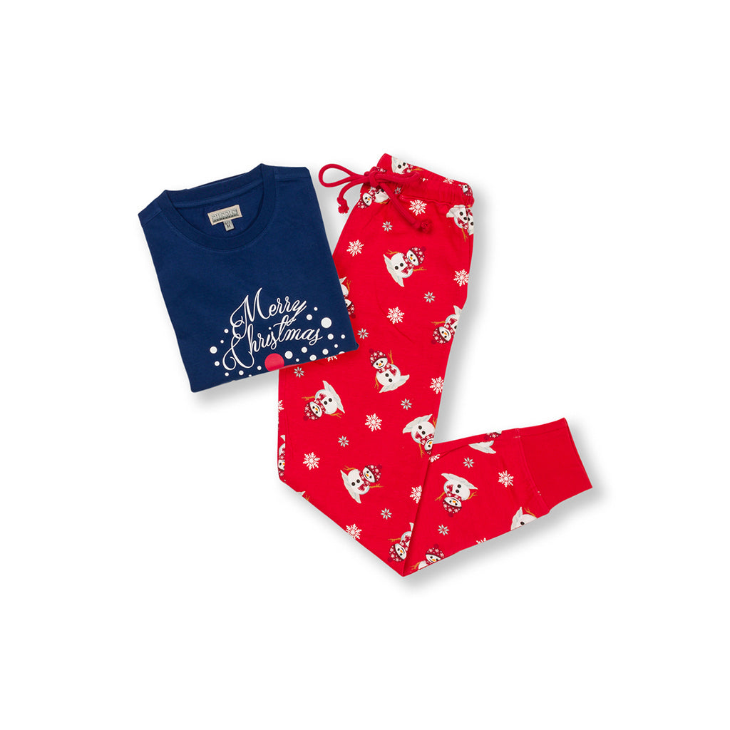 Pigiama natalizio blu da donna con pupazzo di neve e pantaloni rossi