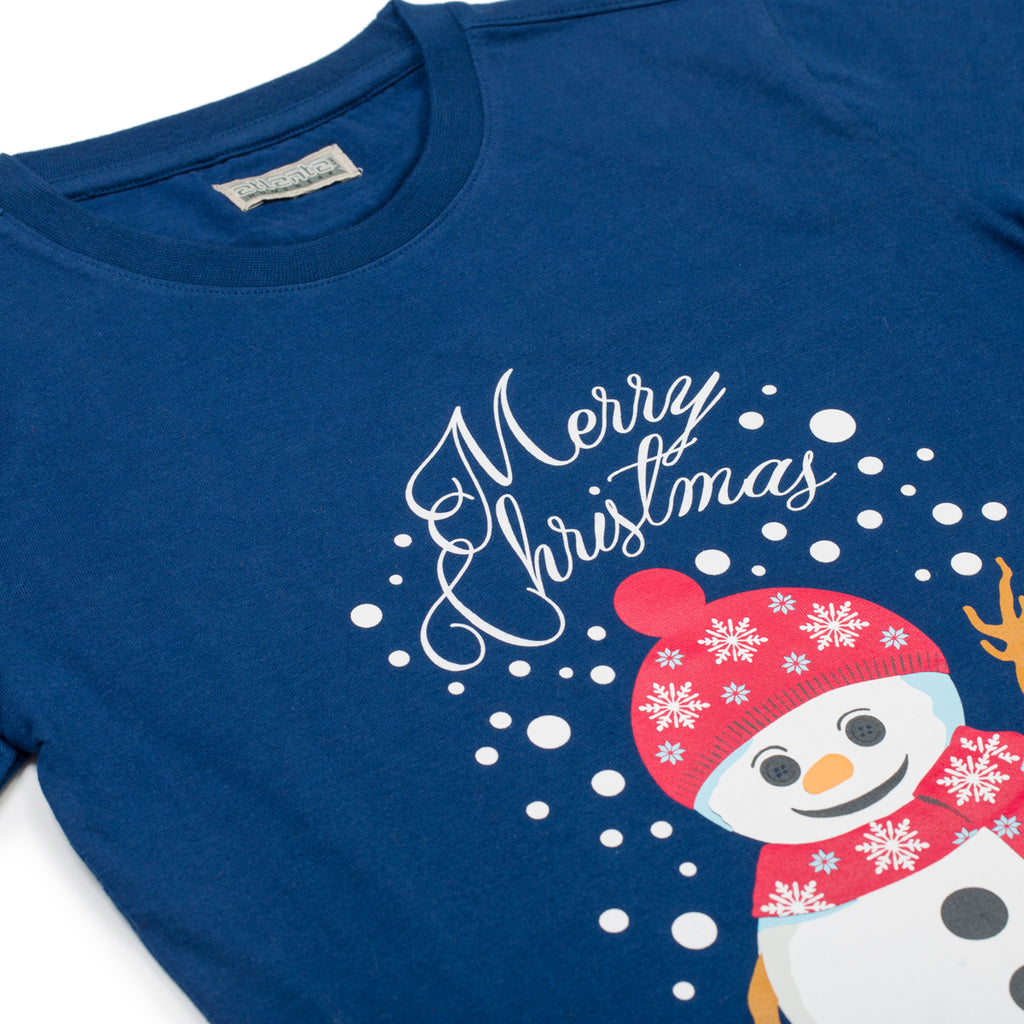 Pigiama natalizio blu da donna con pupazzo di neve e pantaloni rossi