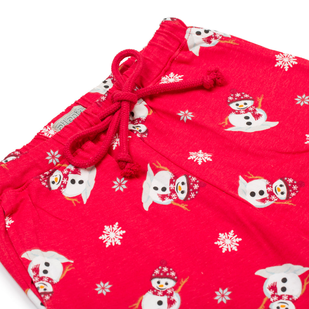 Pigiama natalizio blu da donna con pupazzo di neve e pantaloni rossi