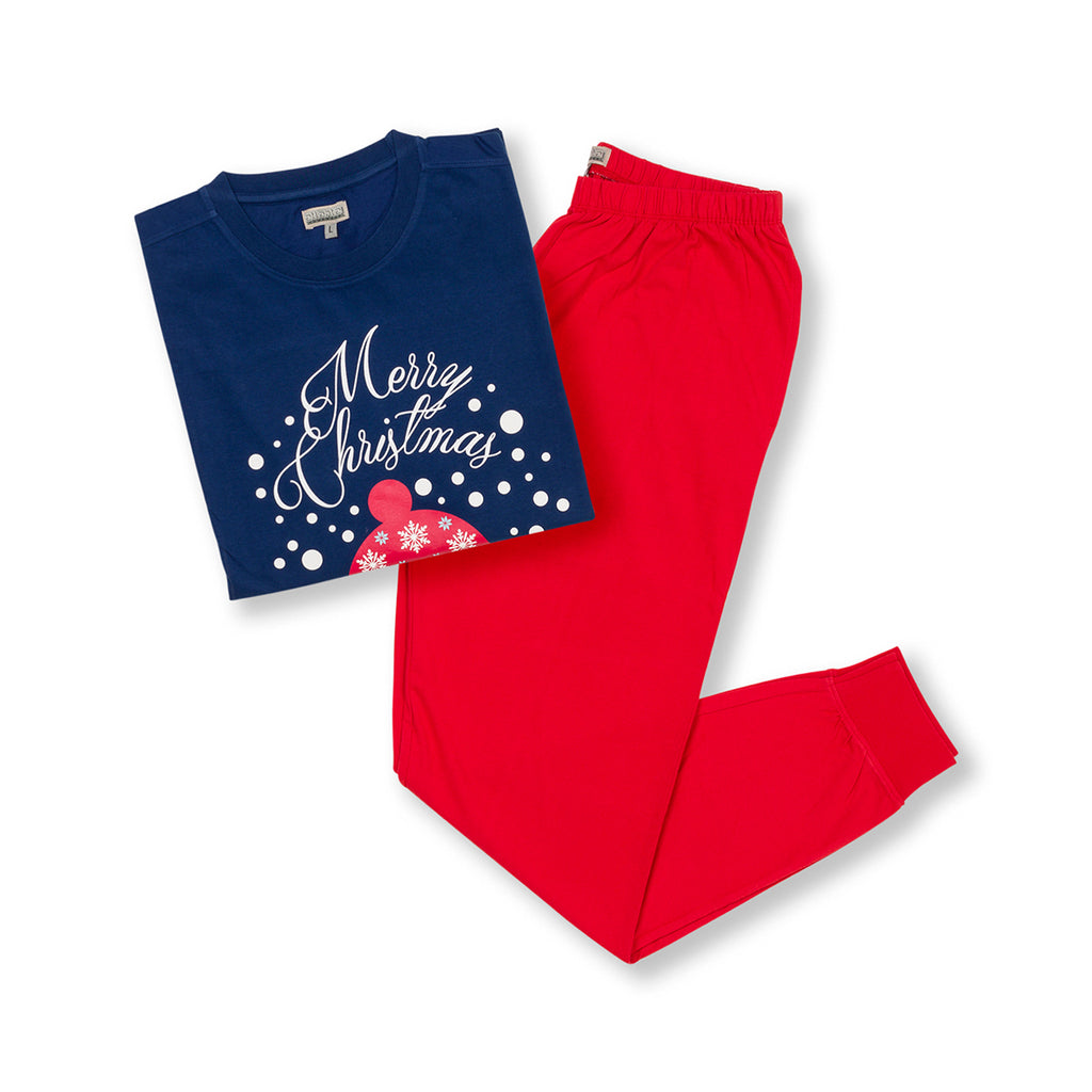 Pigiama natalizio blu da uomo con pupazzo di neve e pantaloni rossi