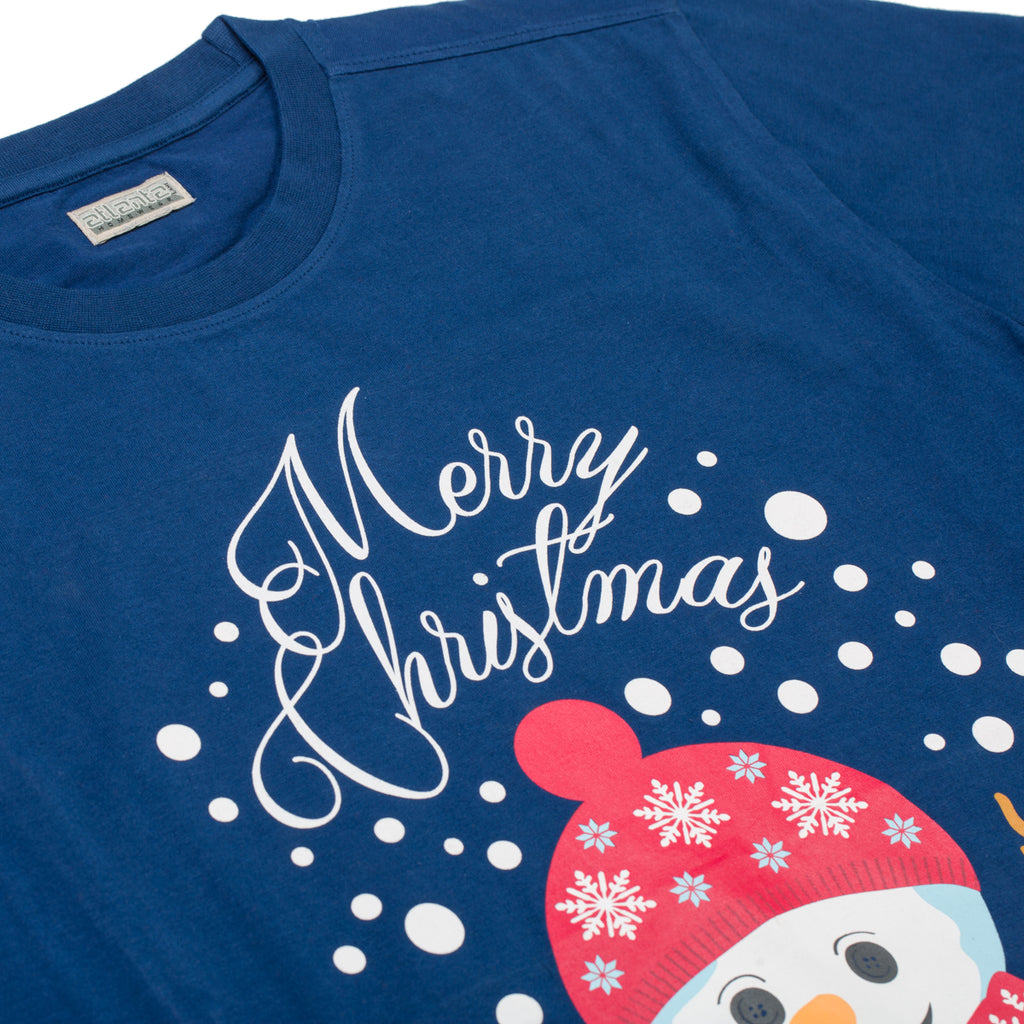 Pigiama natalizio blu da uomo con pupazzo di neve e pantaloni rossi