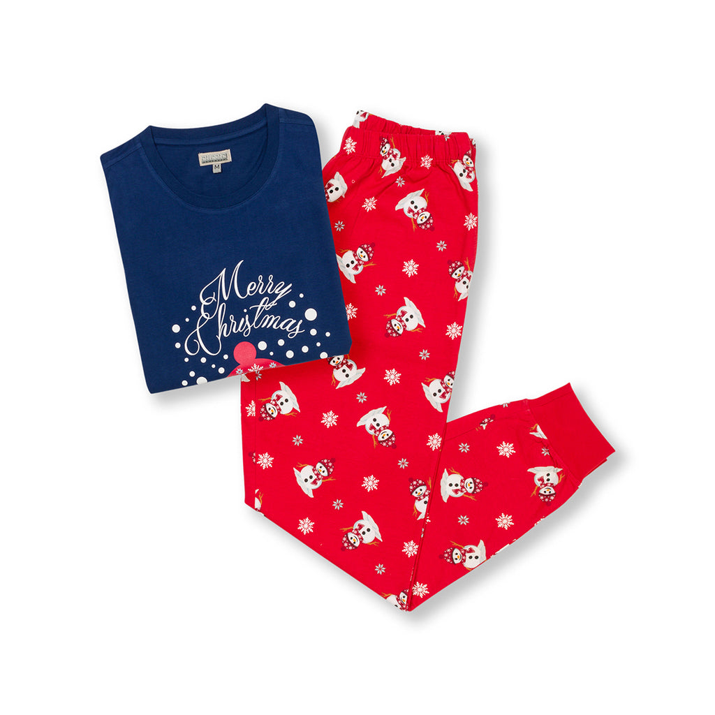 Pigiama natalizio blu da bambina con pupazzo di neve e pantaloni rossi