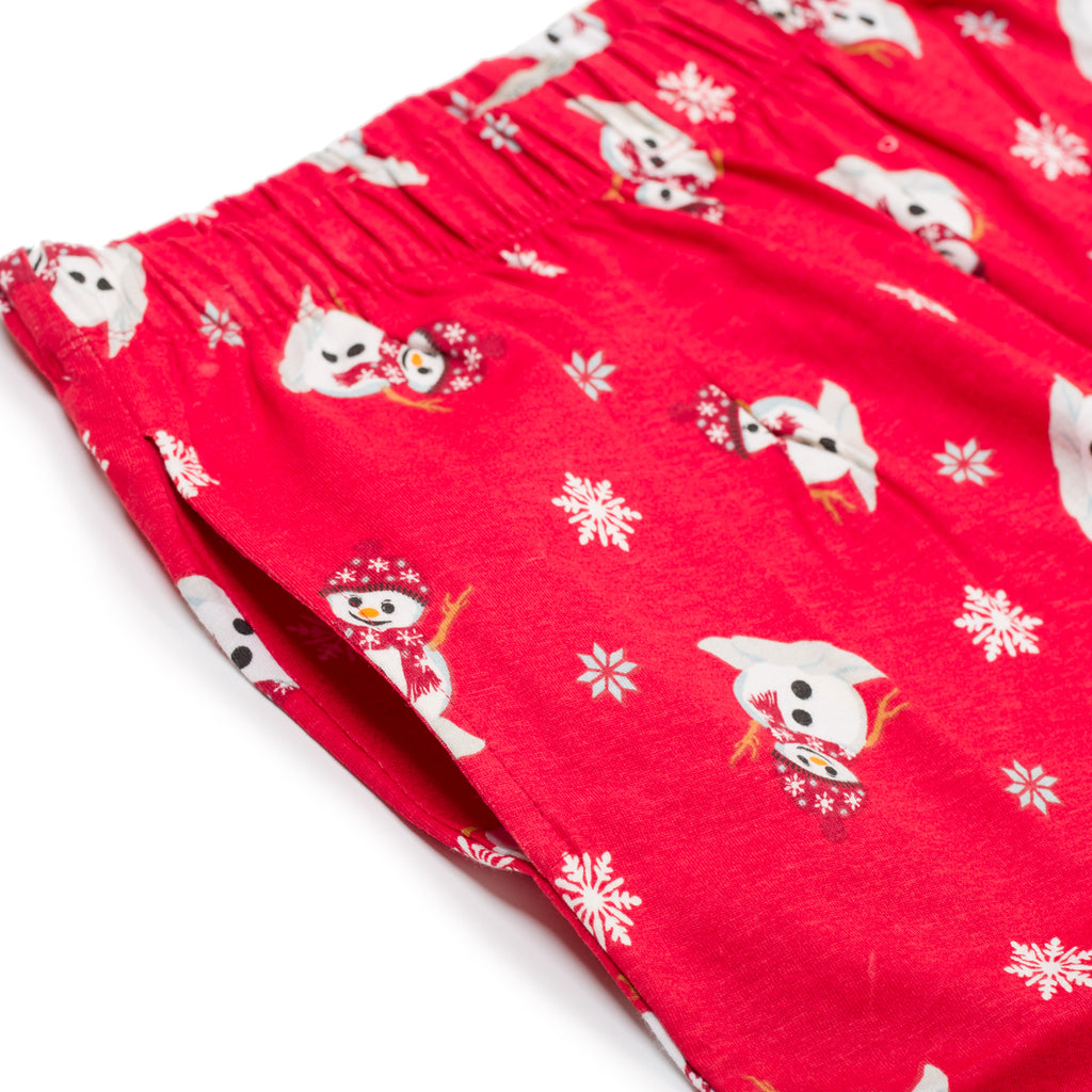 Pigiama natalizio blu da bambina con pupazzo di neve e pantaloni rossi