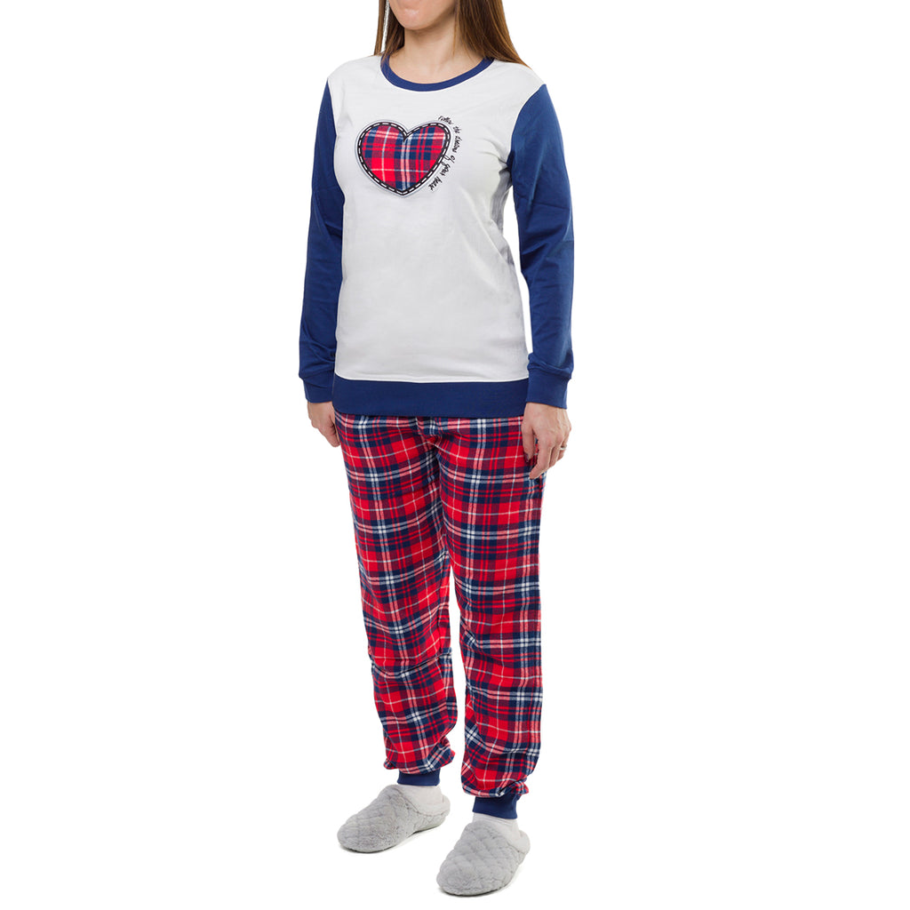 Pigiama natalizio bianco e blu da donna con cuore e pantaloni in stile tartan