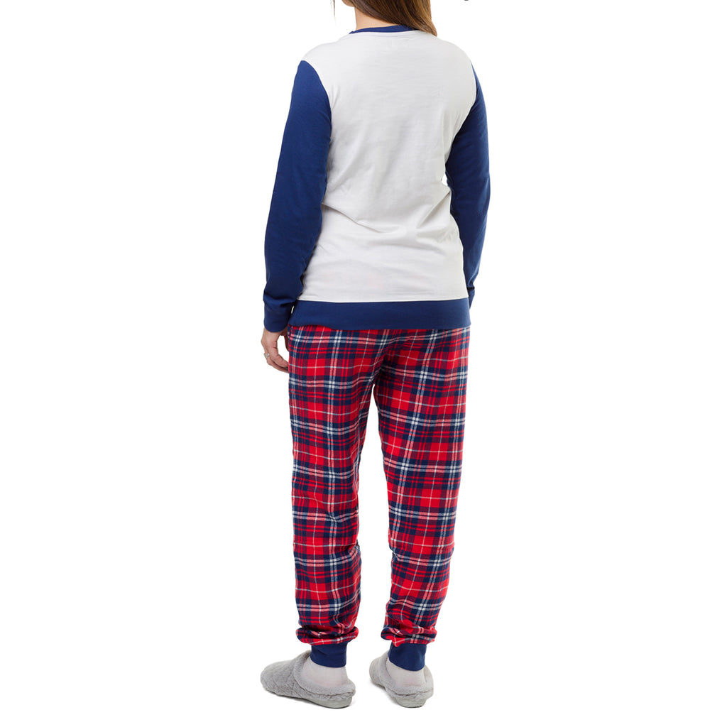 Pigiama natalizio bianco e blu da donna con cuore e pantaloni in stile tartan