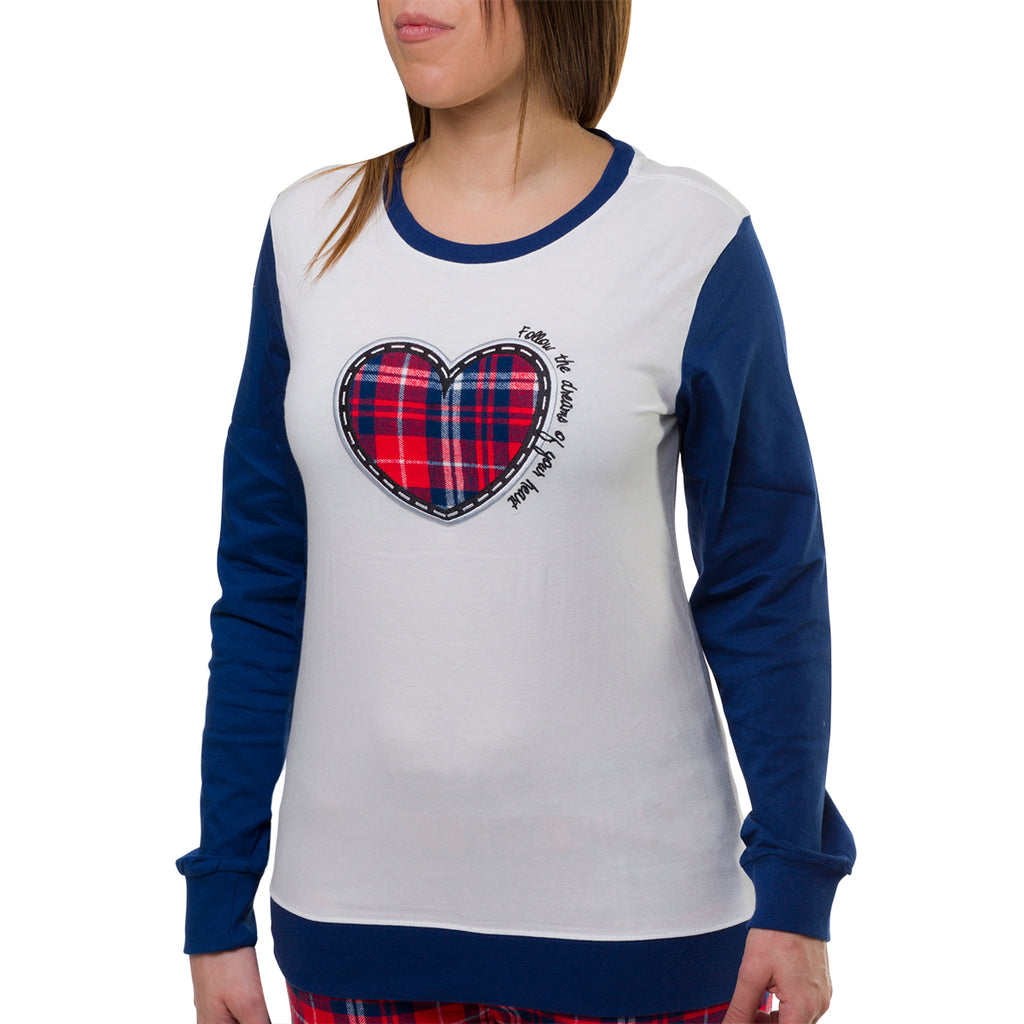 Pigiama natalizio bianco e blu da donna con cuore e pantaloni in stile tartan