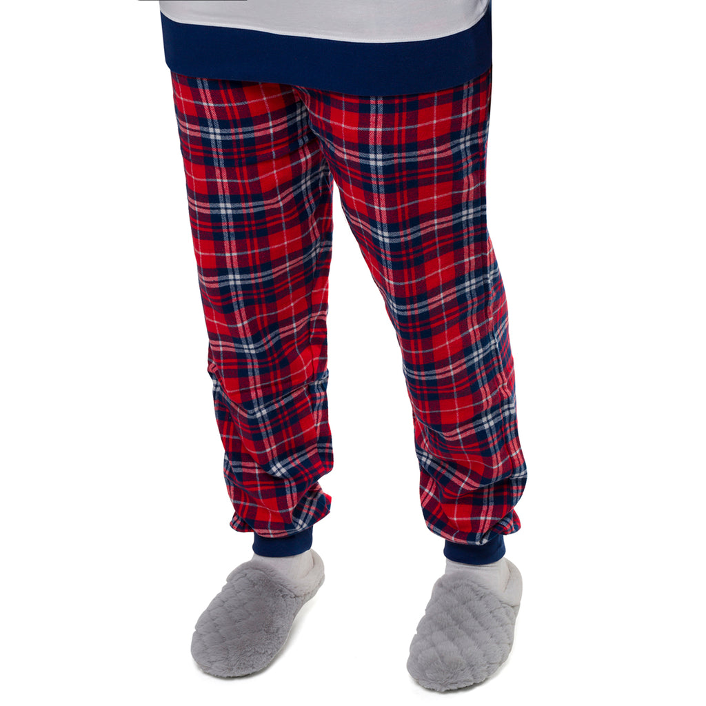 Pigiama natalizio bianco e blu da donna con cuore e pantaloni in stile tartan