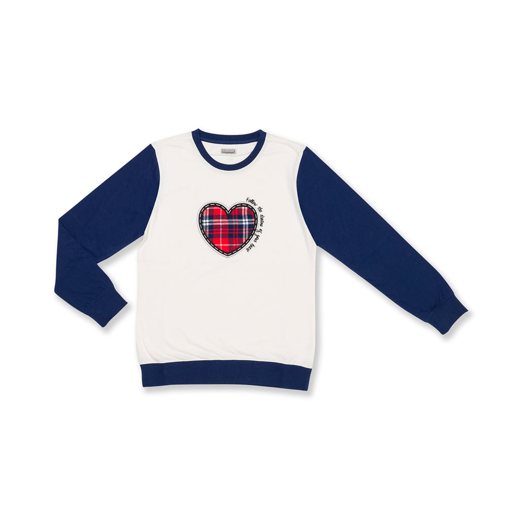 Pigiama natalizio bianco e blu da donna con cuore e pantaloni in stile tartan