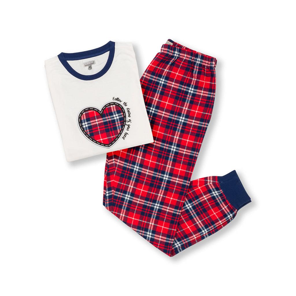 Pigiama natalizio bianco e blu da donna con cuore e pantaloni in stile tartan