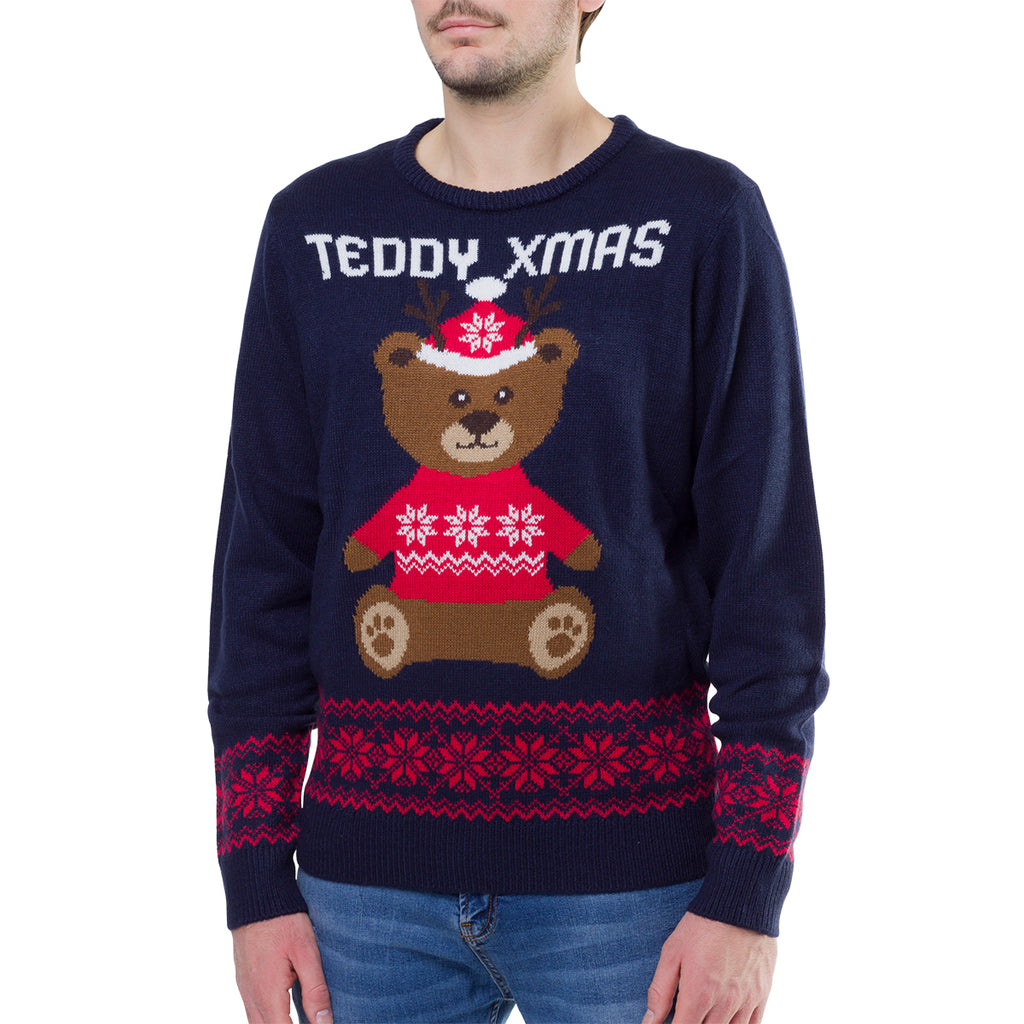 Maglione natalizio da uomo blu con ricamo orsetto Teddy