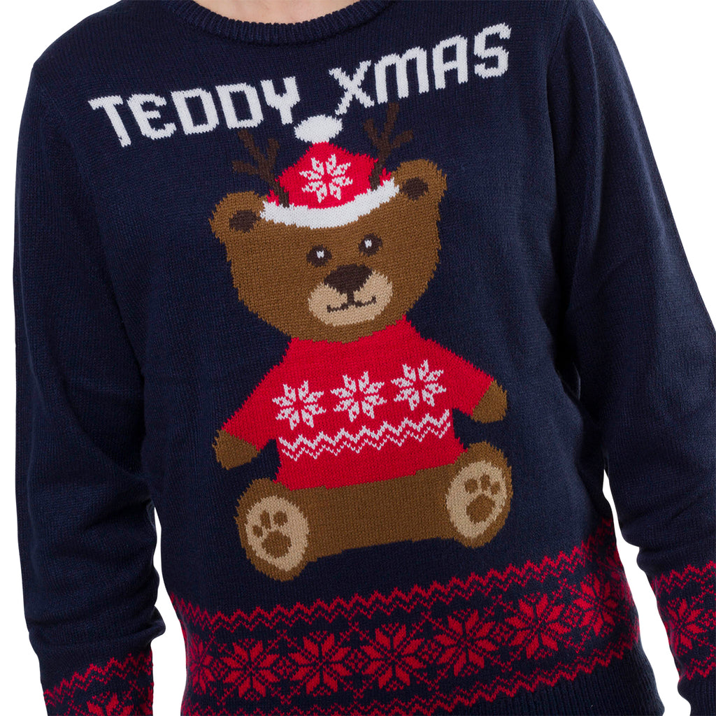 Maglione natalizio da uomo blu con ricamo orsetto Teddy