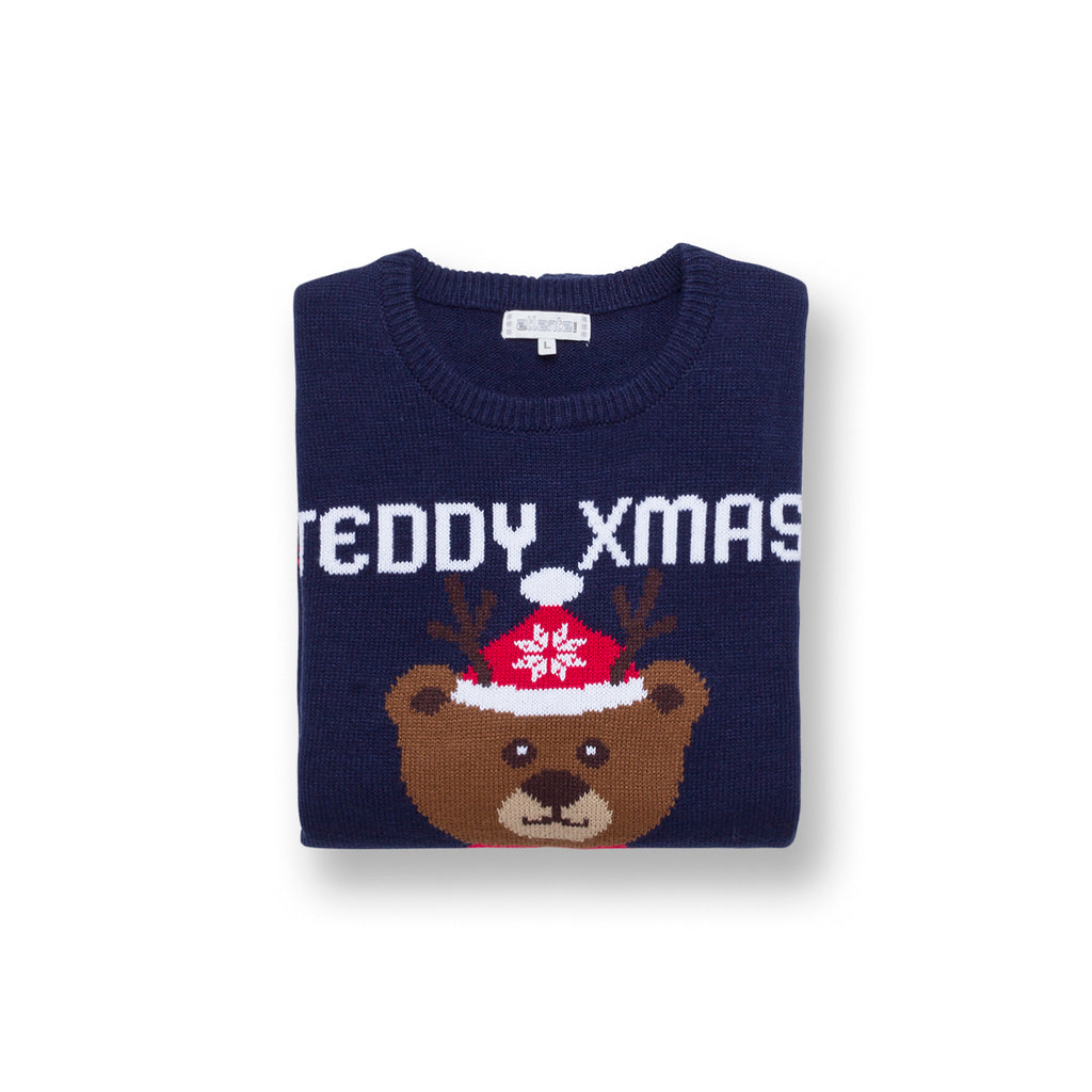 Maglione natalizio da uomo blu con ricamo orsetto Teddy