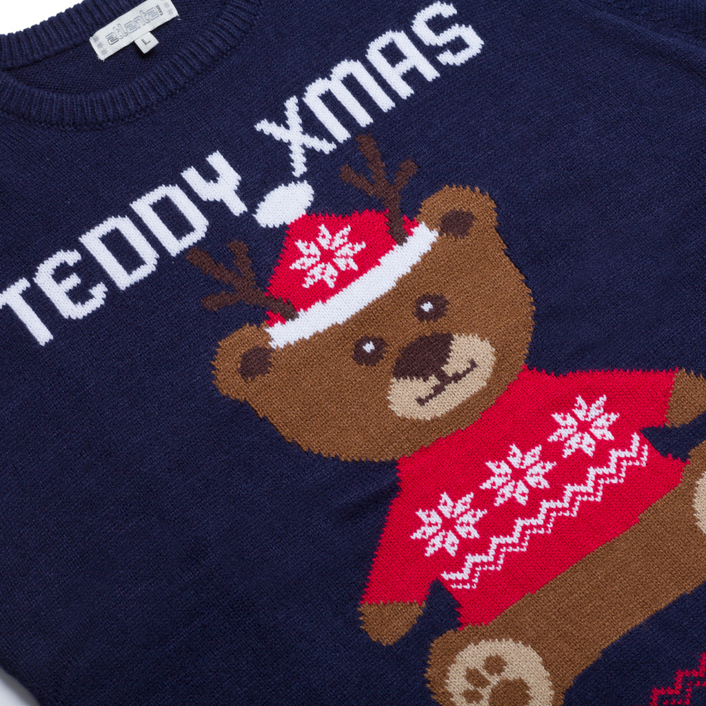 Maglione natalizio da uomo blu con ricamo orsetto Teddy