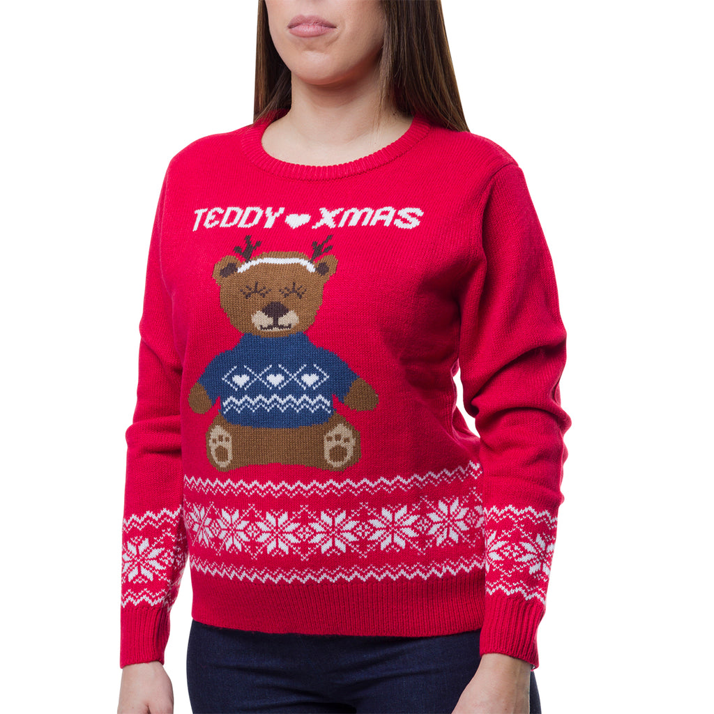 Maglione natalizio da donna rosso con ricamo orsetto Teddy