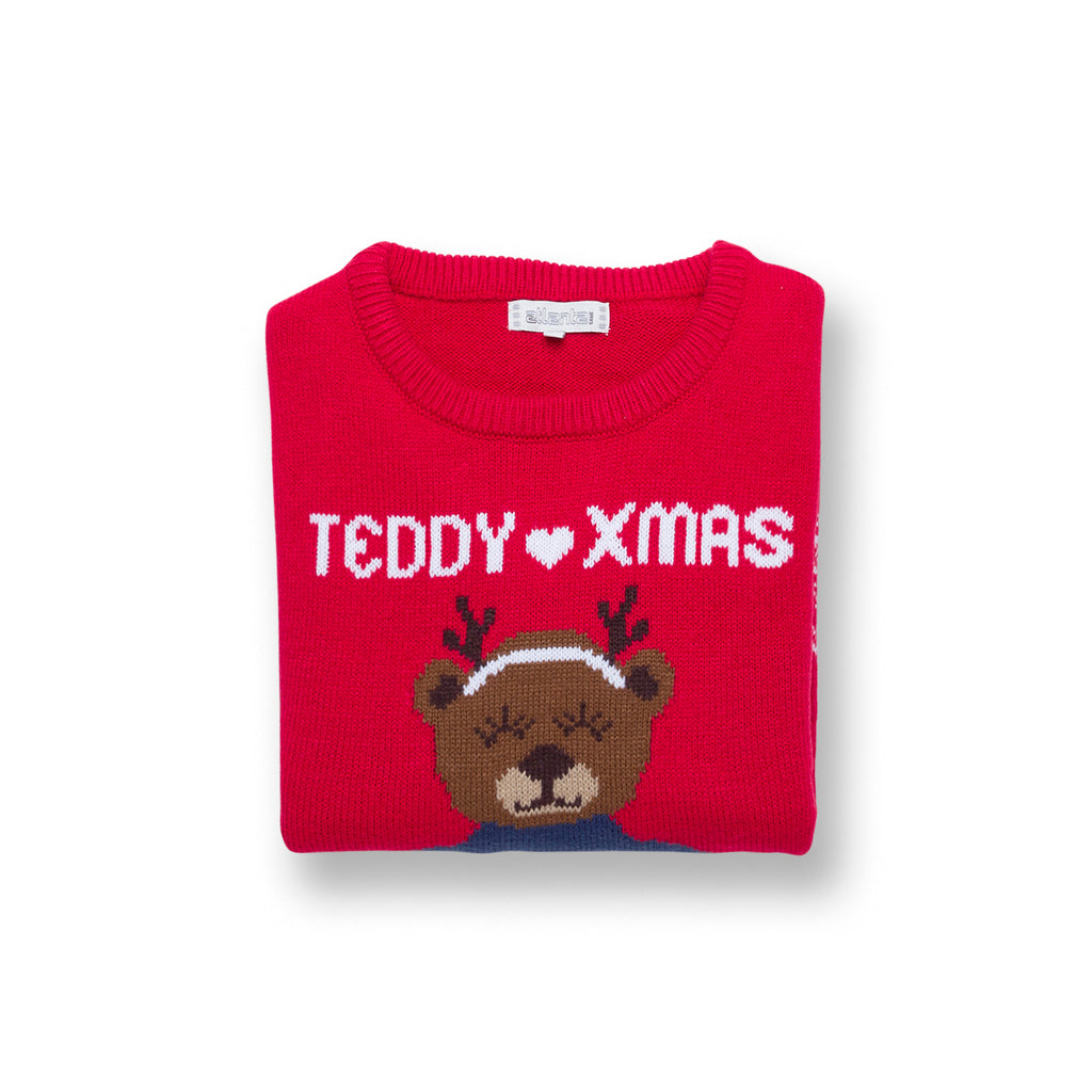 Maglione natalizio da donna rosso con ricamo orsetto Teddy