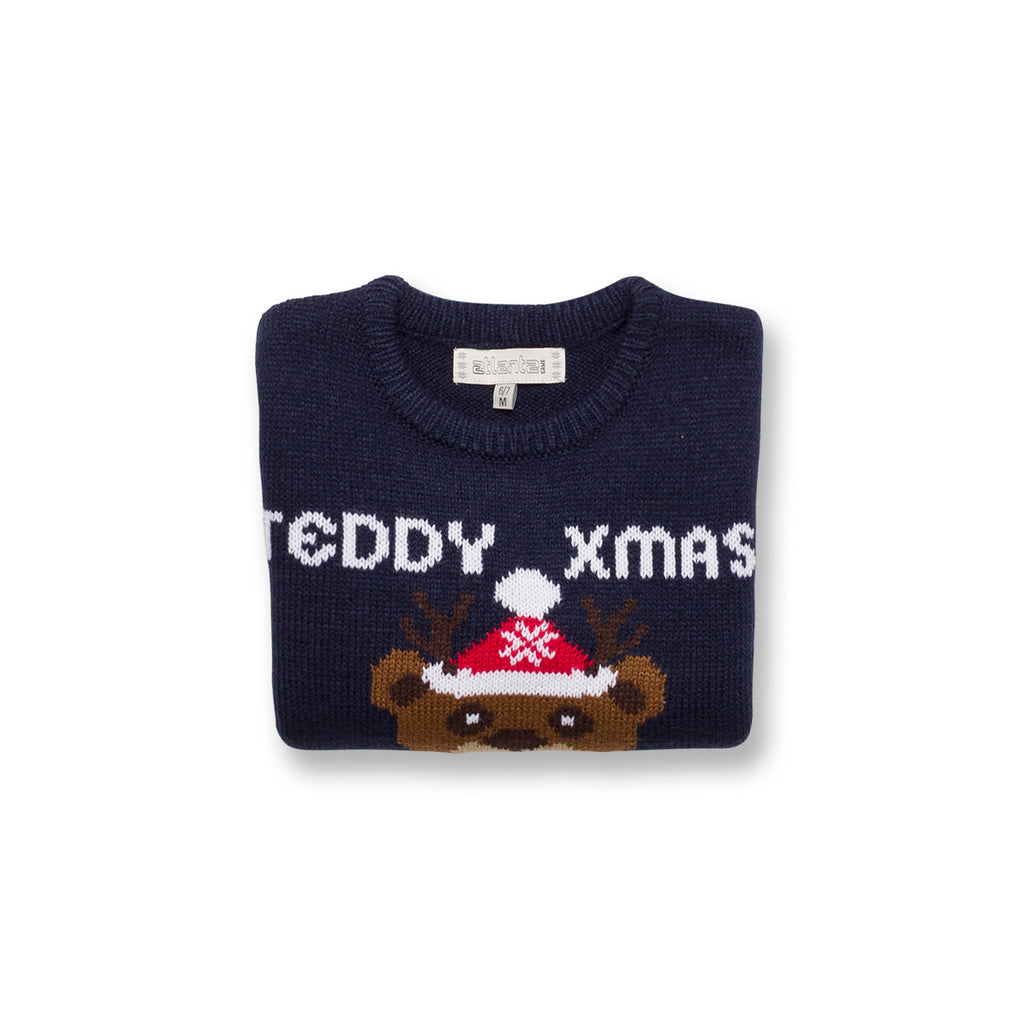 Maglione natalizio da bambini blu con ricamo Teddy