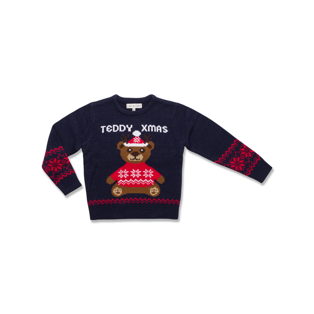 Maglione natalizio da bambini blu con ricamo Teddy