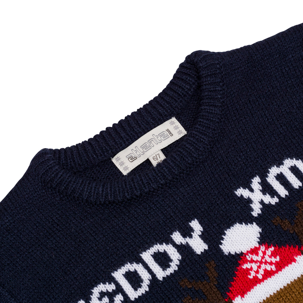 Maglione natalizio da bambini blu con ricamo Teddy