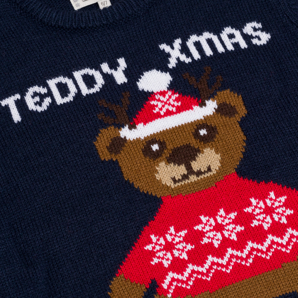 Maglione natalizio da bambini blu con ricamo Teddy