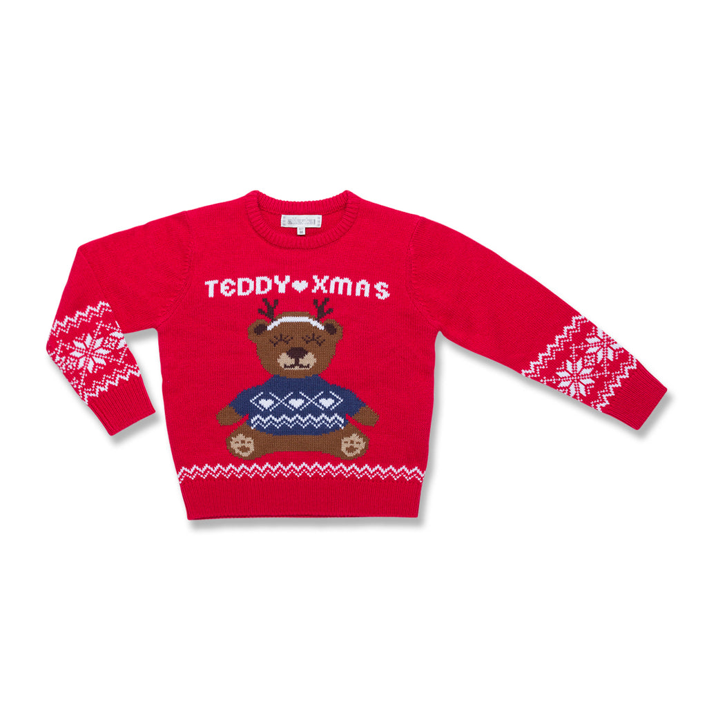 Maglione natalizio da bambini rosso con ricamo orsetto Teddy