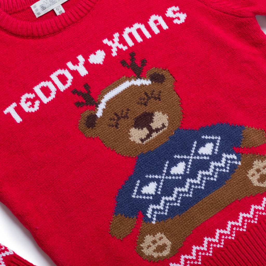 Maglione natalizio da bambini rosso con ricamo orsetto Teddy