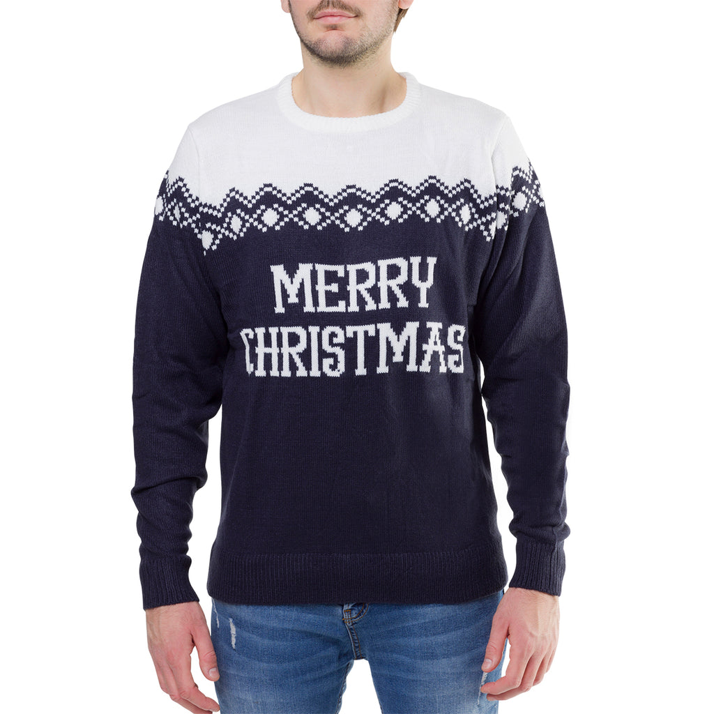 Maglione natalizio da uomo blu con ricamo Merry Christmas