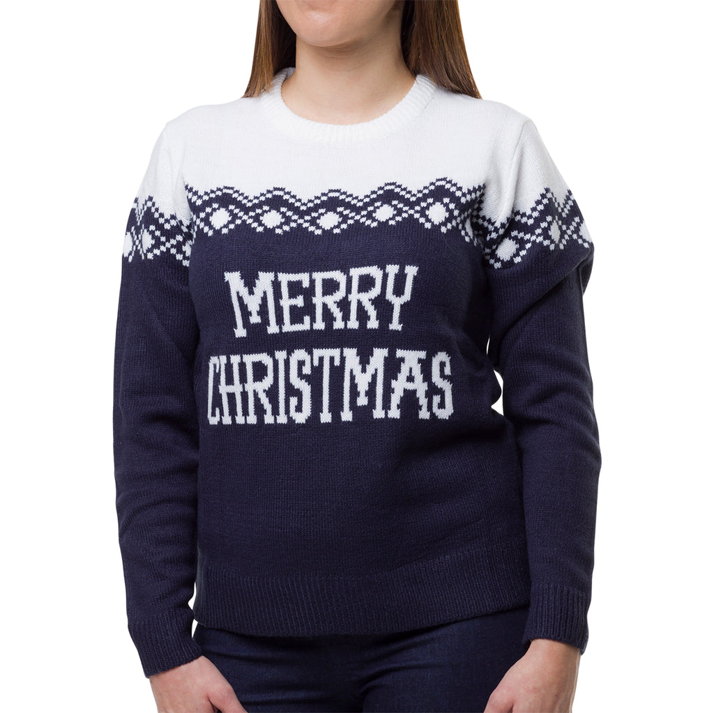 Maglione natalizio da donna blu con ricamo Merry Christmas