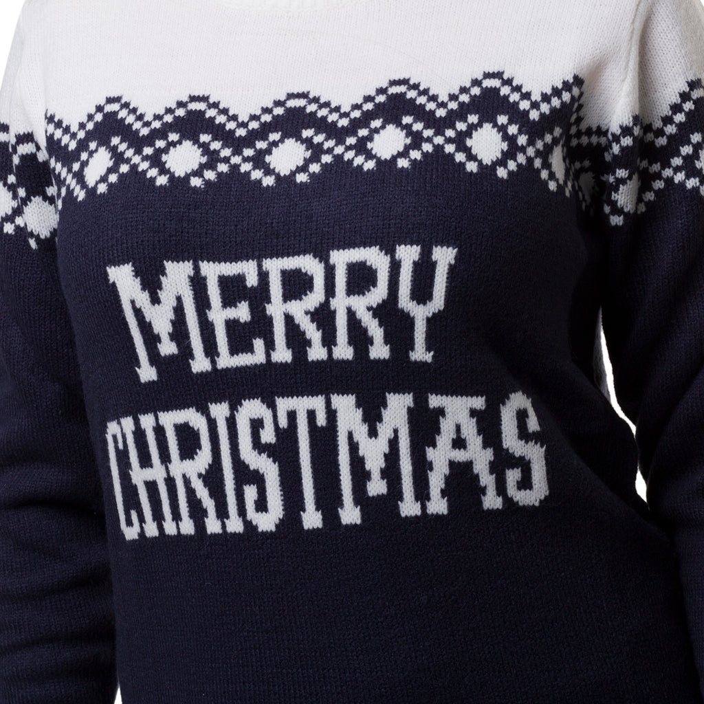 Maglione natalizio da donna blu con ricamo Merry Christmas