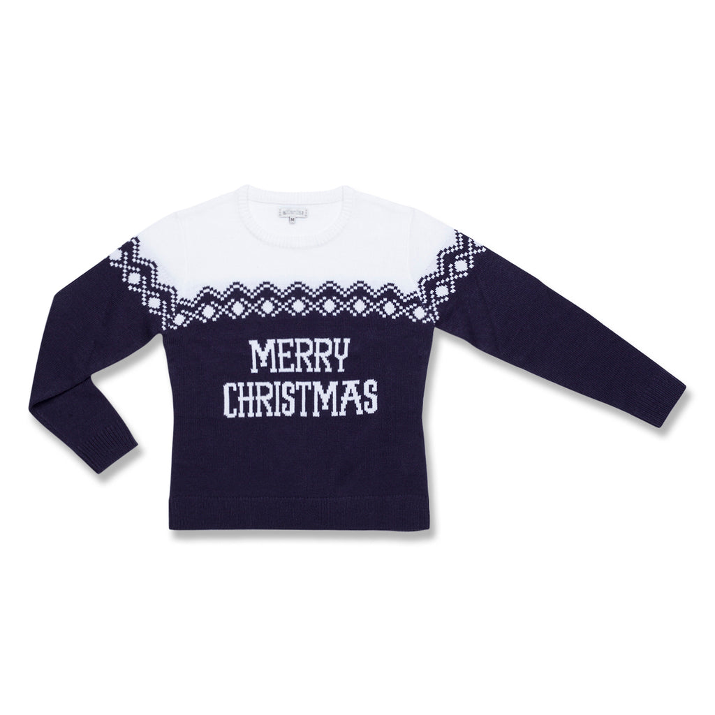 Maglione natalizio da donna blu con ricamo Merry Christmas