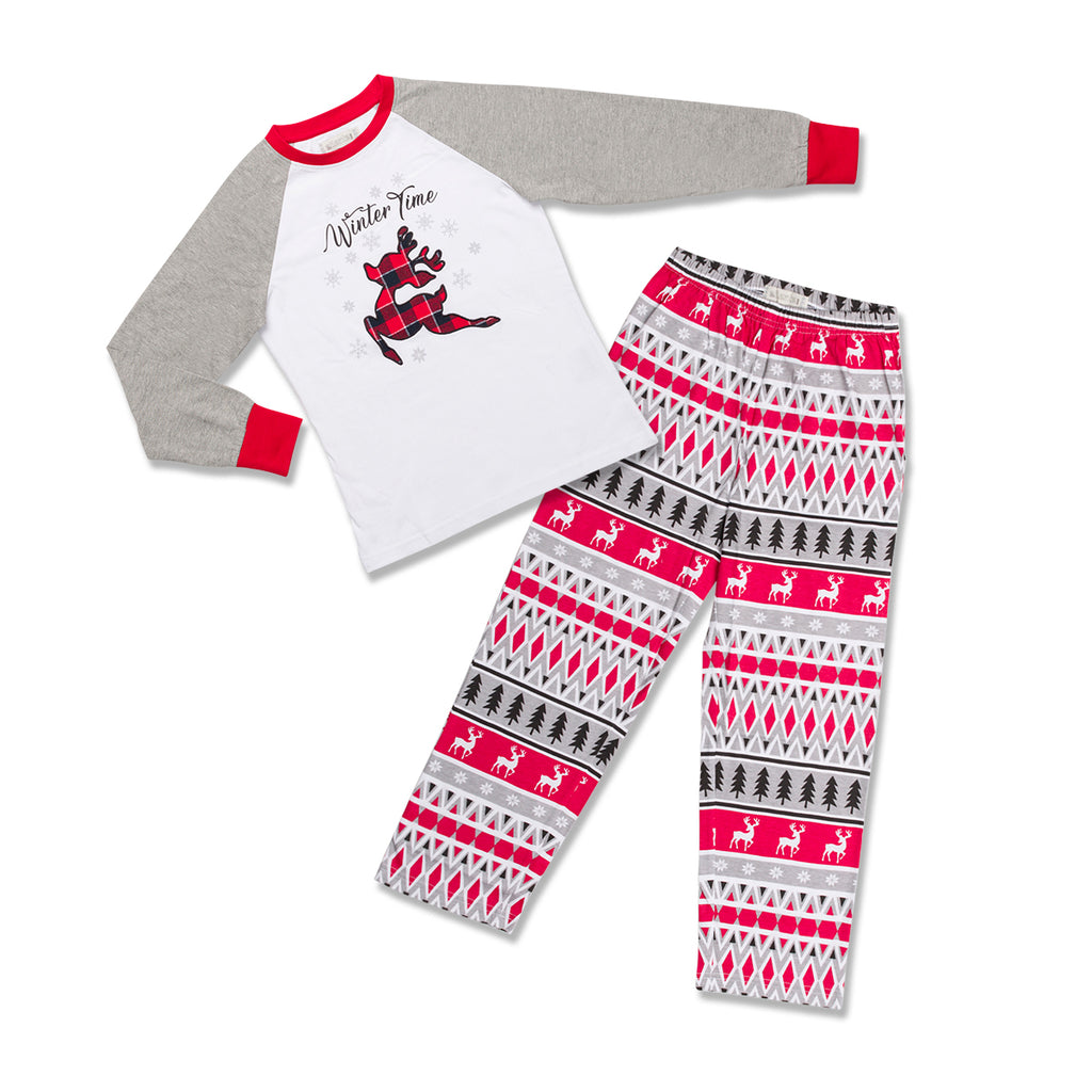 Pigiama natalizio da bambini bianco e grigio con renna ricamata