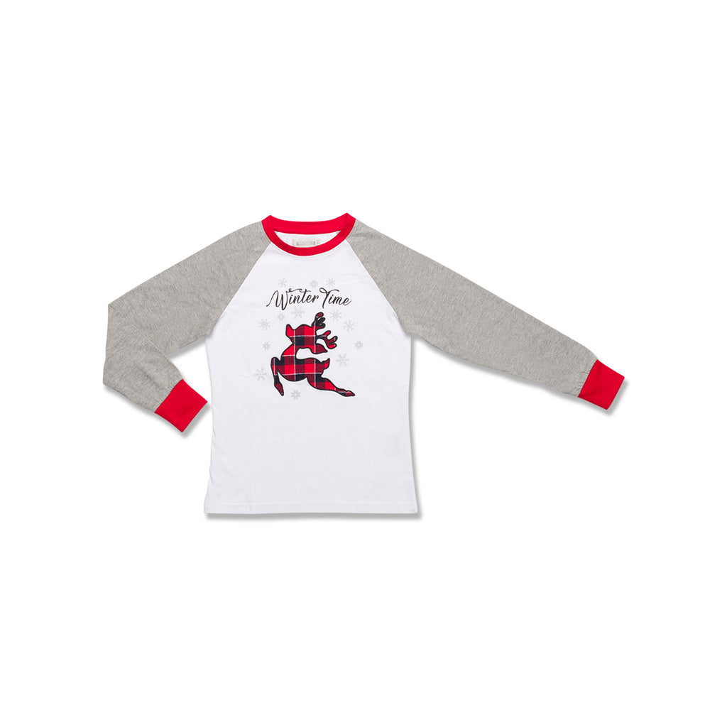 Pigiama natalizio da bambini bianco e grigio con renna ricamata