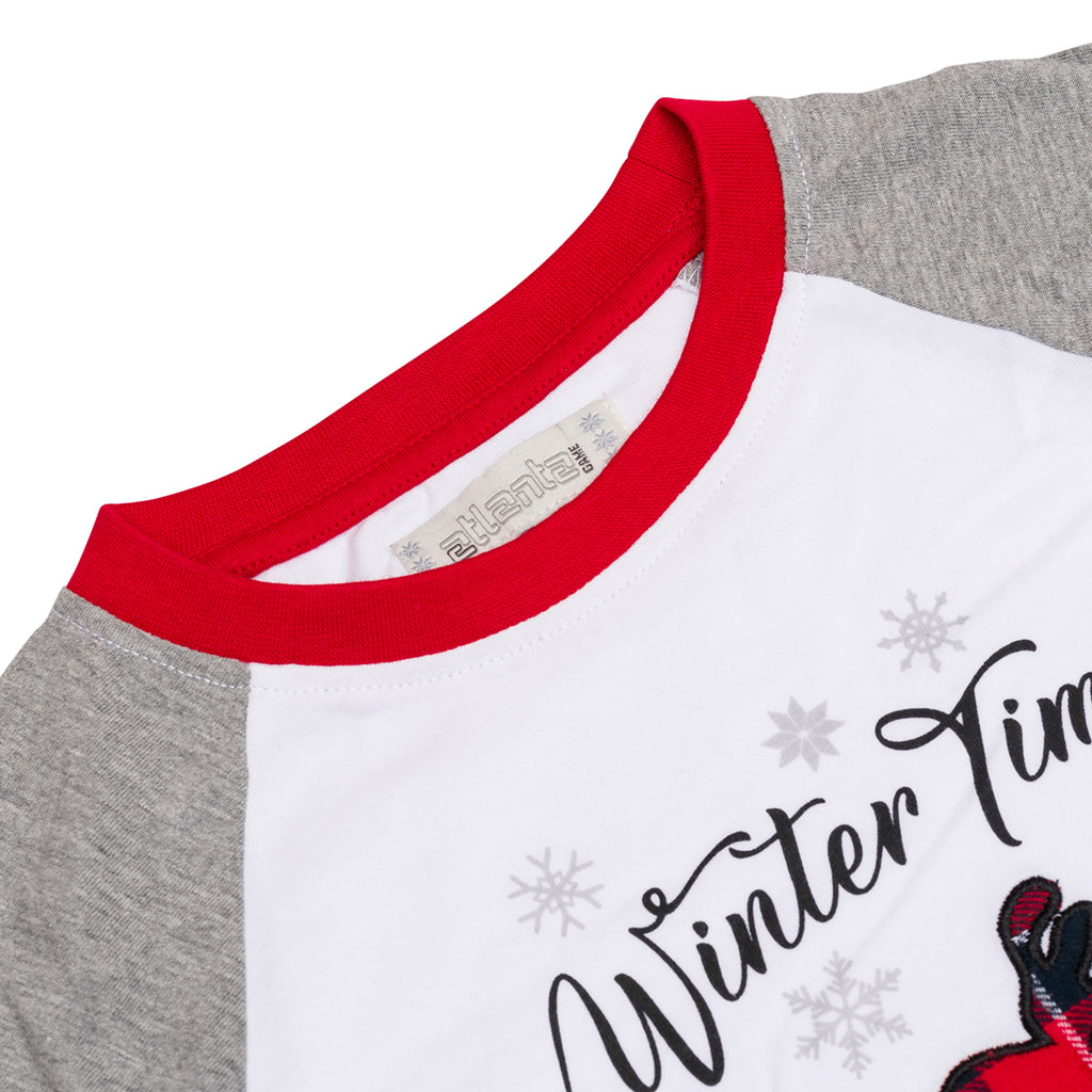 Pigiama natalizio da bambini bianco e grigio con renna ricamata