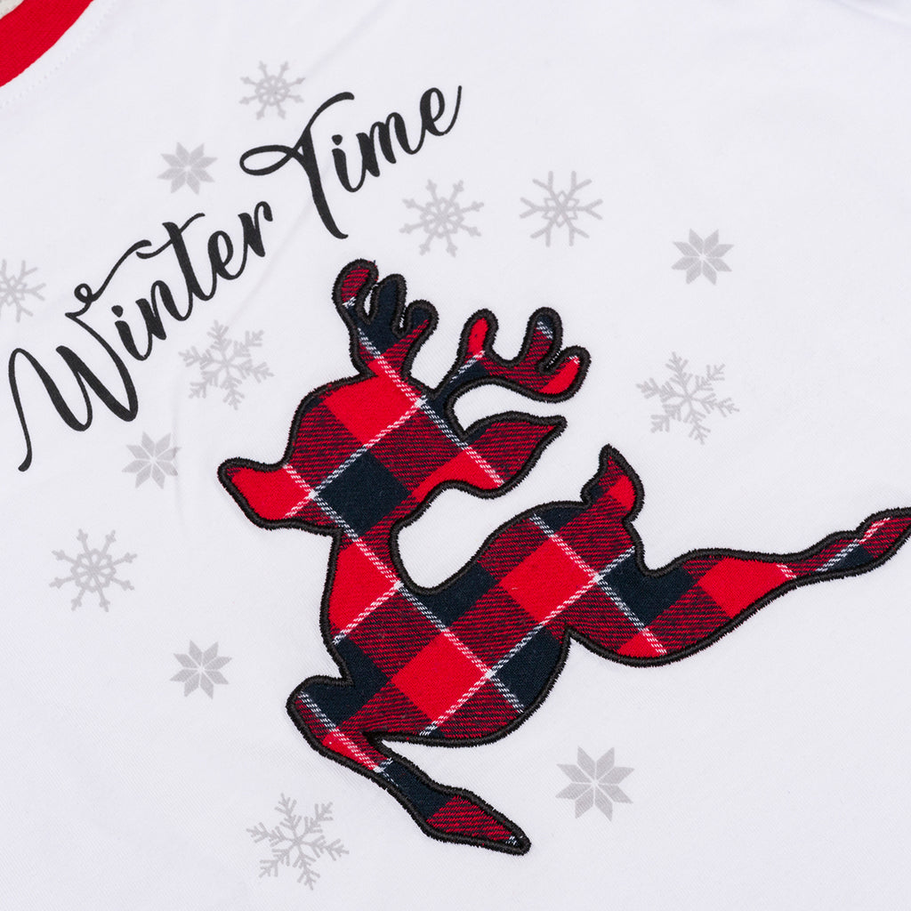 Pigiama natalizio da bambini bianco e grigio con renna ricamata