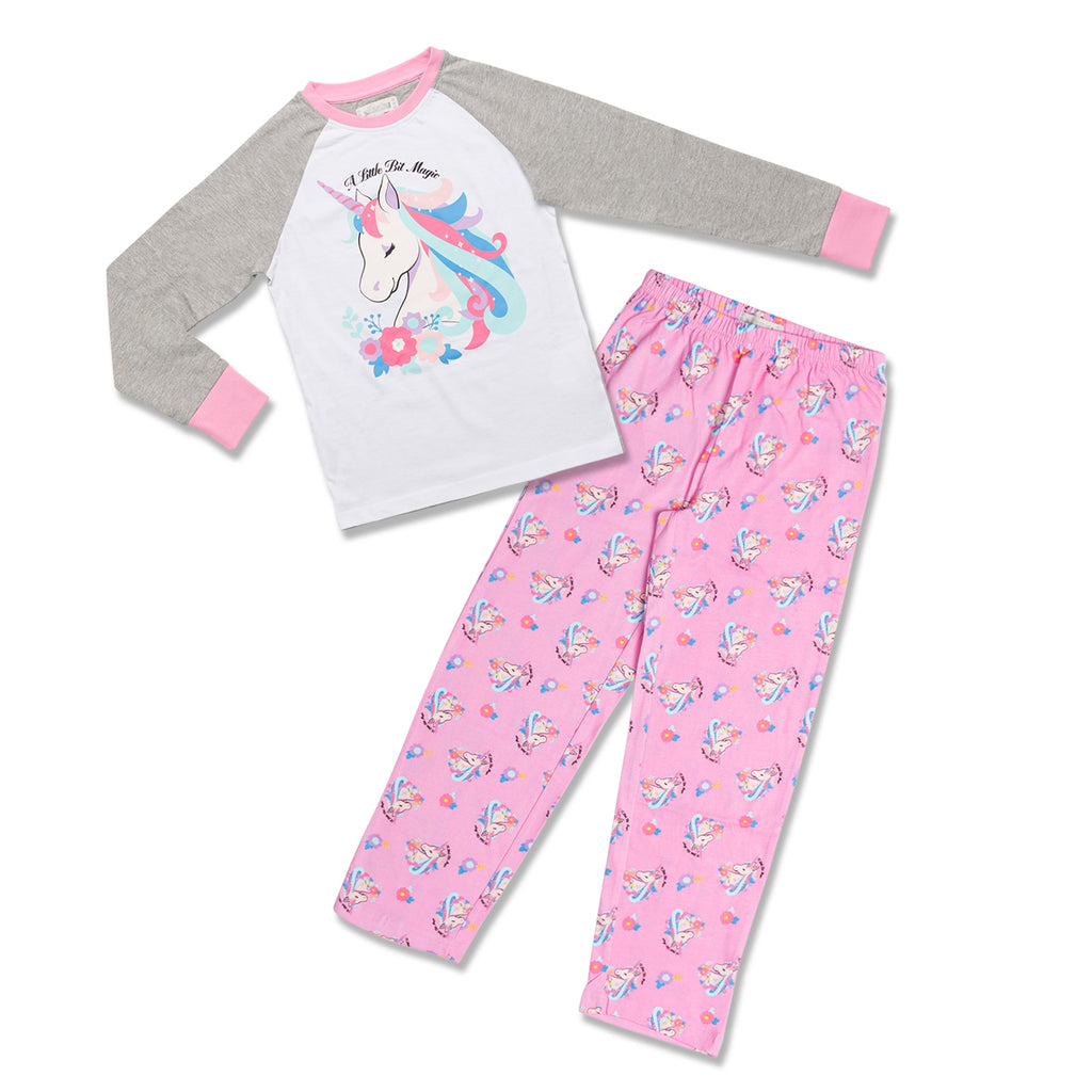 Pigiama natalizio da bambina bianco e rosa con stampa unicorno