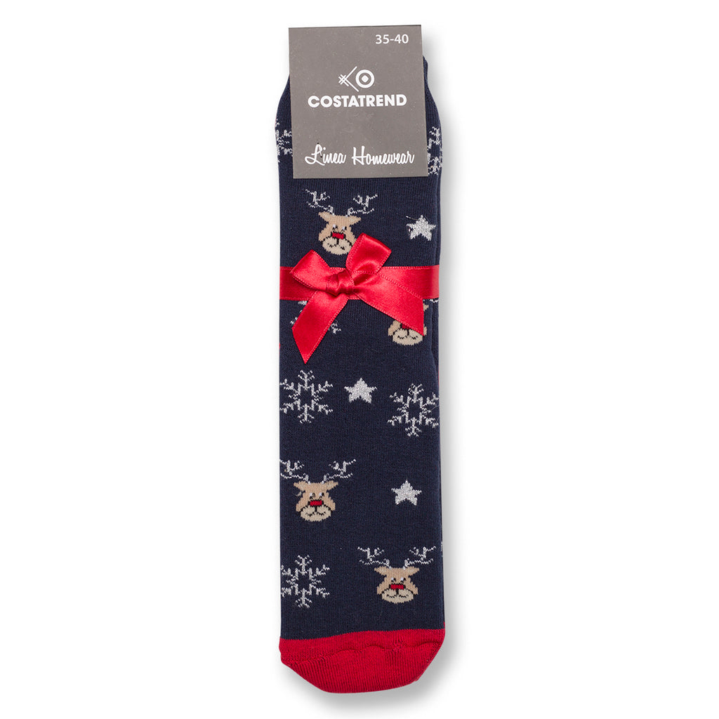 Set da 2 paia di calzini antiscivolo natalizi blu e rossi da donna con ricamo Fiocchi di Neve