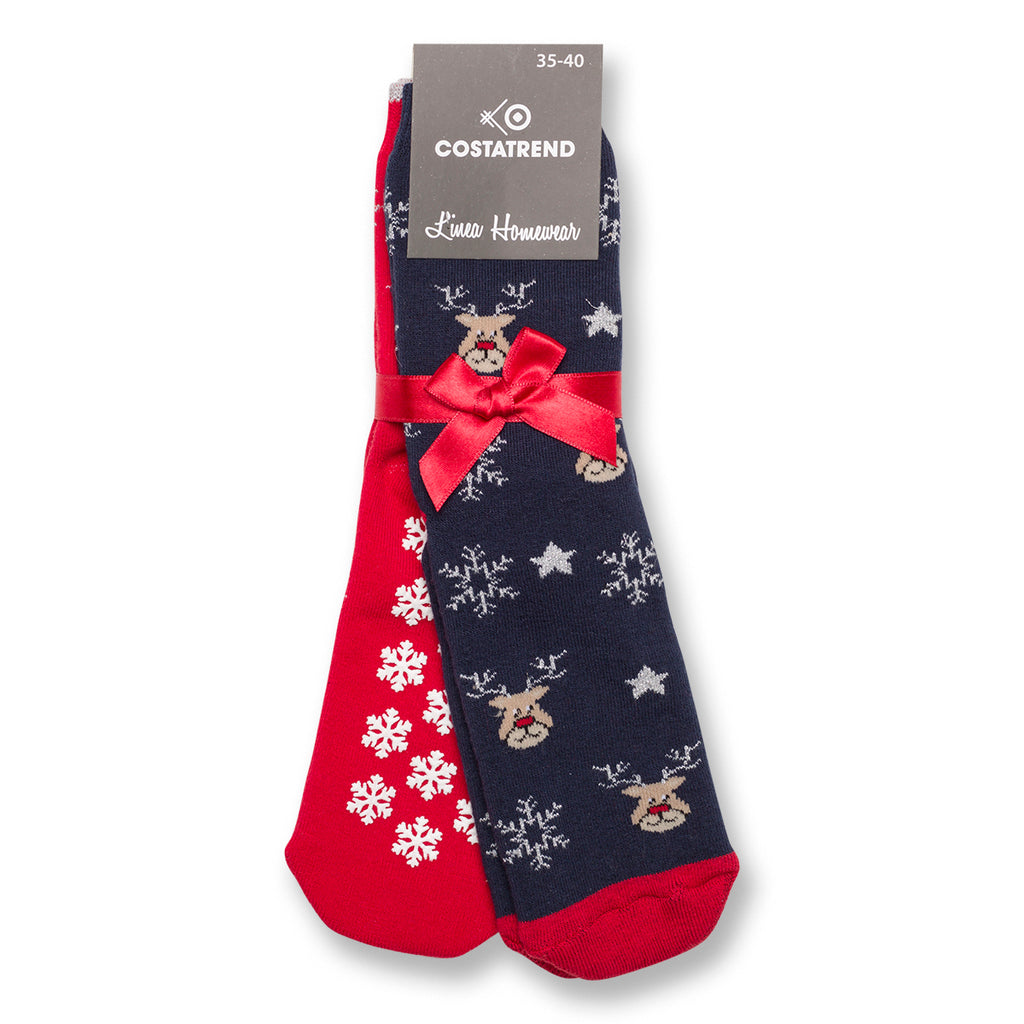 Set da 2 paia di calzini antiscivolo natalizi blu e rossi da donna con ricamo Fiocchi di Neve