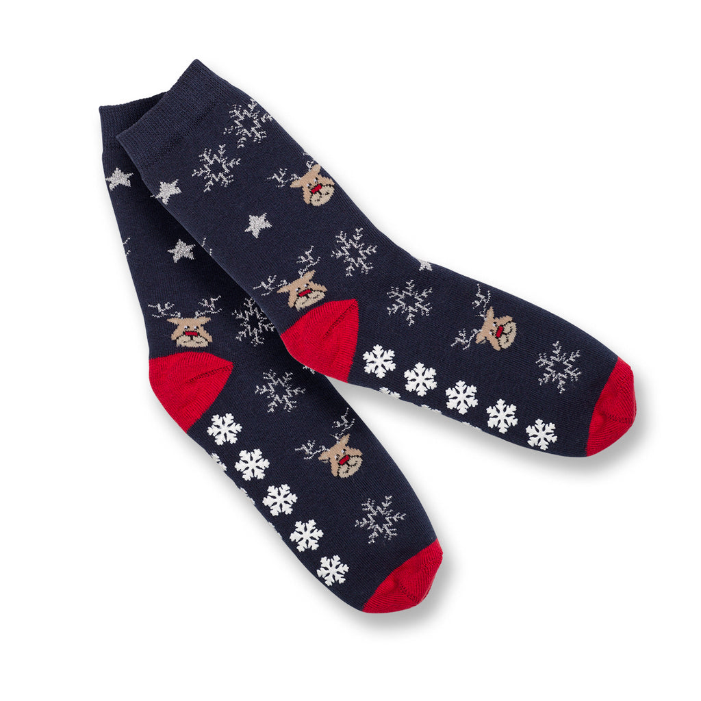 Set da 2 paia di calzini antiscivolo natalizi blu e rossi da donna con ricamo Fiocchi di Neve